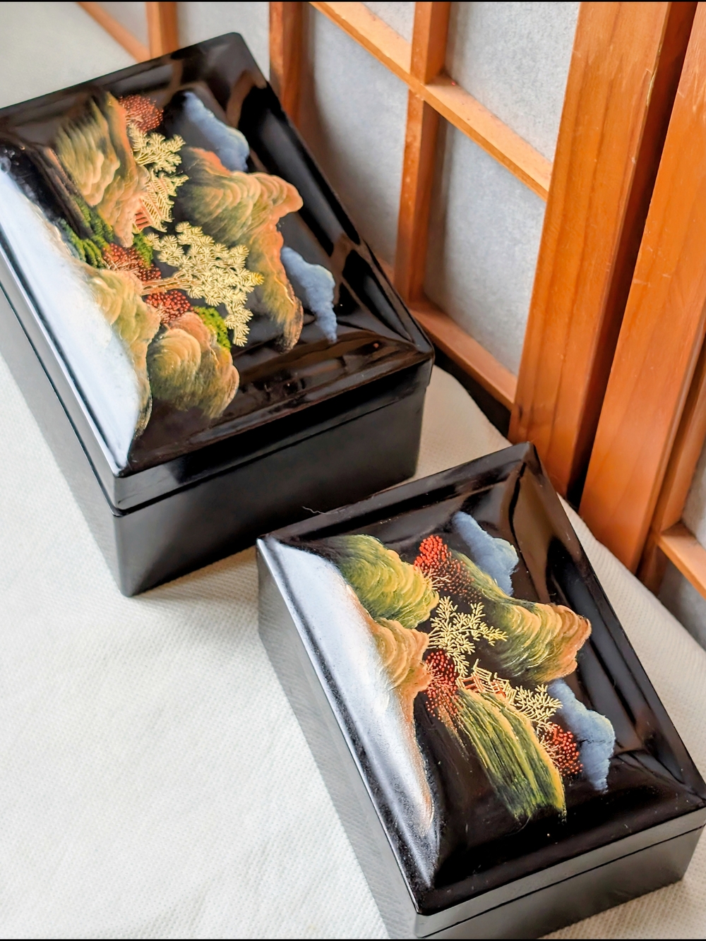MCM Chinese Lacquer Ware Nesting Boxes Wood Hand Painted Landscapes Gold Vintage